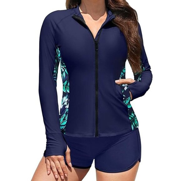 Daci Women Coconut Print 2 Piece Rash Guard LS Swimsuit UV Block Blue Leaves XL - Picture 1 of 7